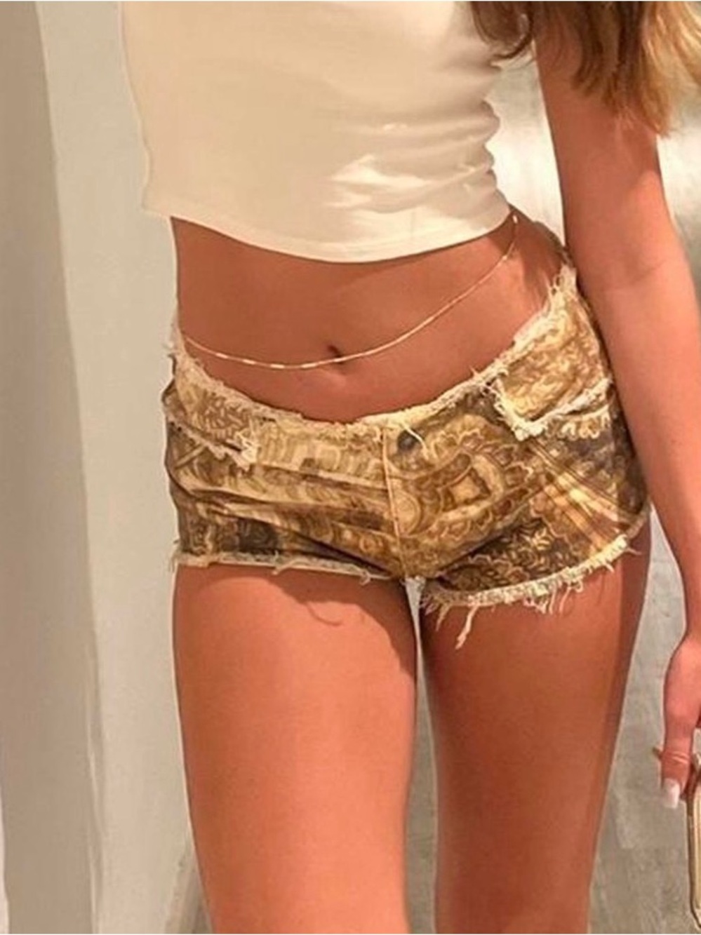 Jaded London Multi‑Tone Paisley Fringe Denim Shorts - Brown & Tan
